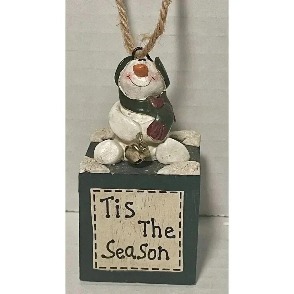 Vintage Snowman Tis The Season Block Christmas Ornament 4” High